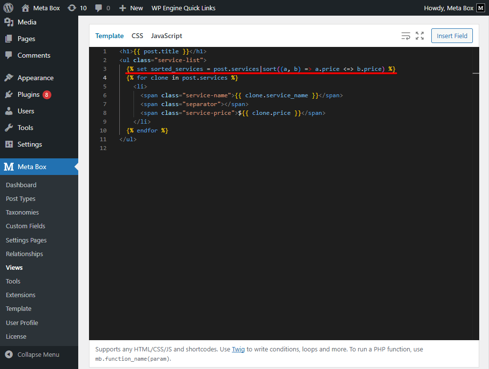 Back to the created template to add code for this purpose