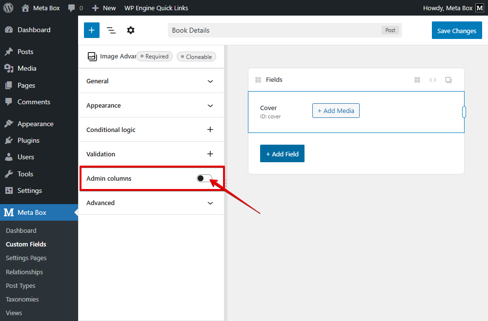 Show as an admin column settings