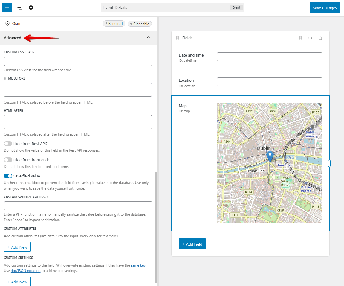 edit field advanced settings