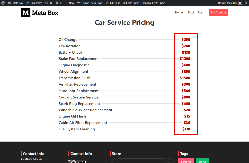As you can see, the list of services' names and prices is fully displayed, but it is not sorted in any order