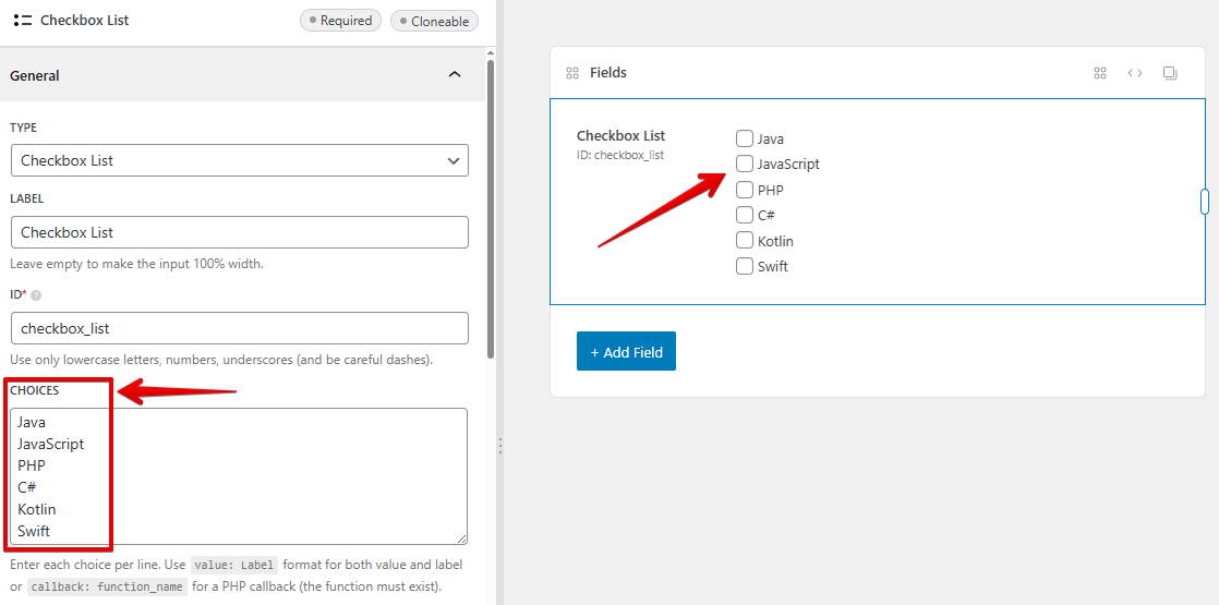 Input the label of the options in the Choices box