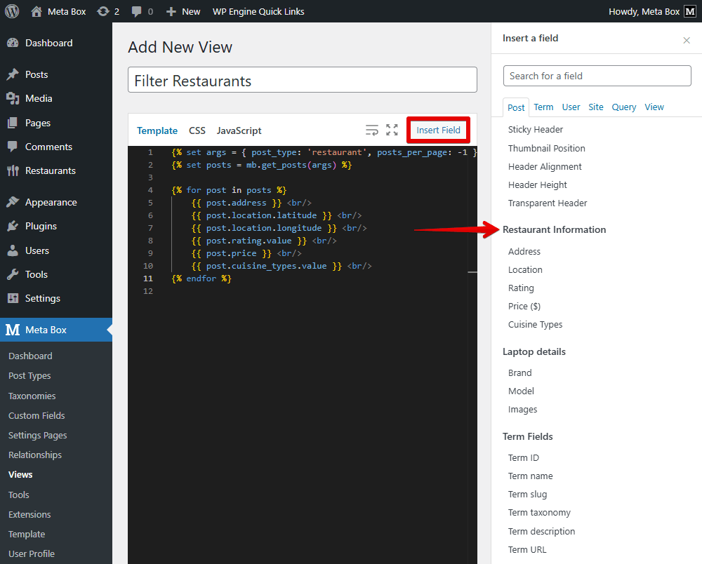 In the Template tab, I’m going to add some code