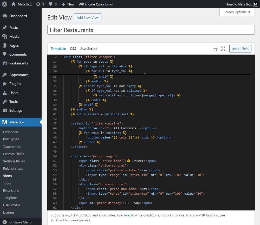 Back to the created template to add code for this purpose
