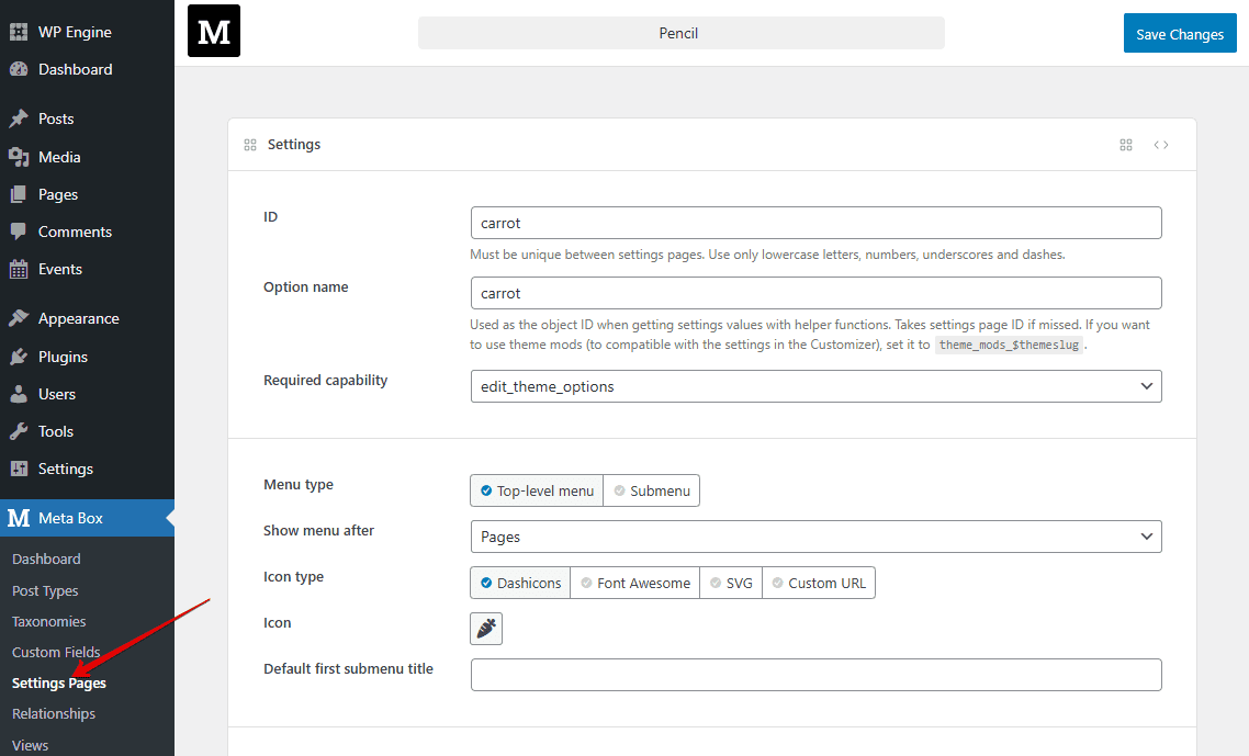 create settings pages