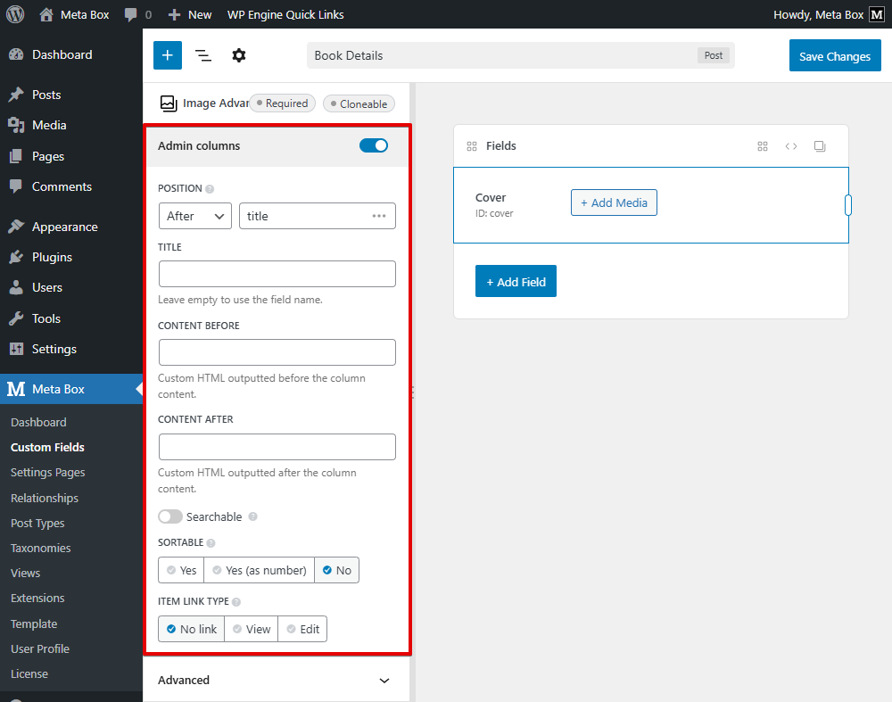 Admin columns settings