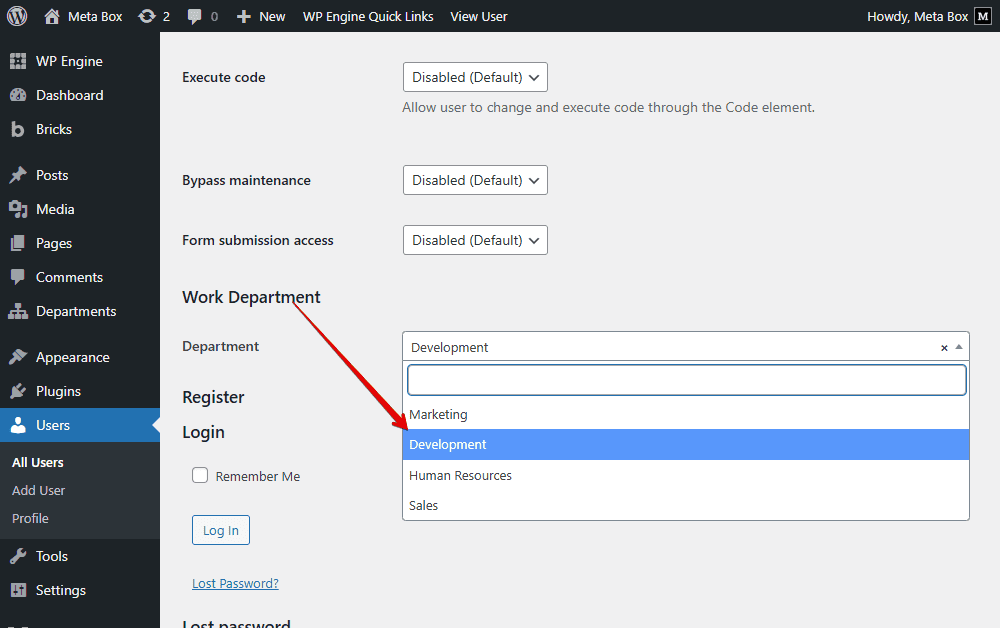 Department in profile editor