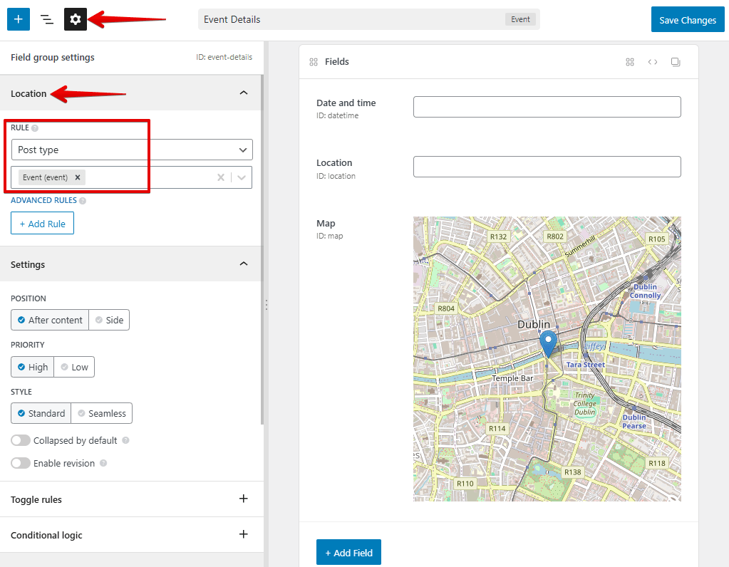 selecting a post type for the field group