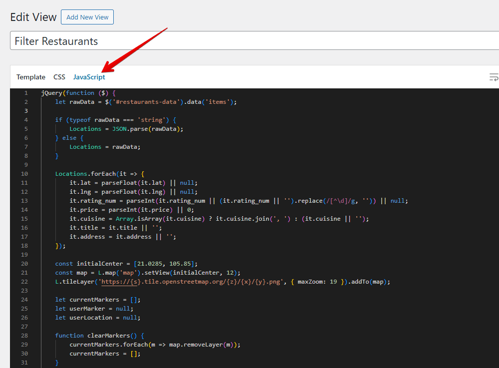 Go back to the page editor to add code for the JavaScript tab