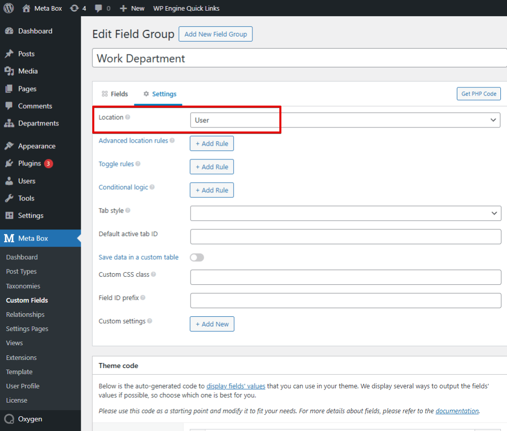 Then, move to the Settings tab, choose Location as User to apply the field to it