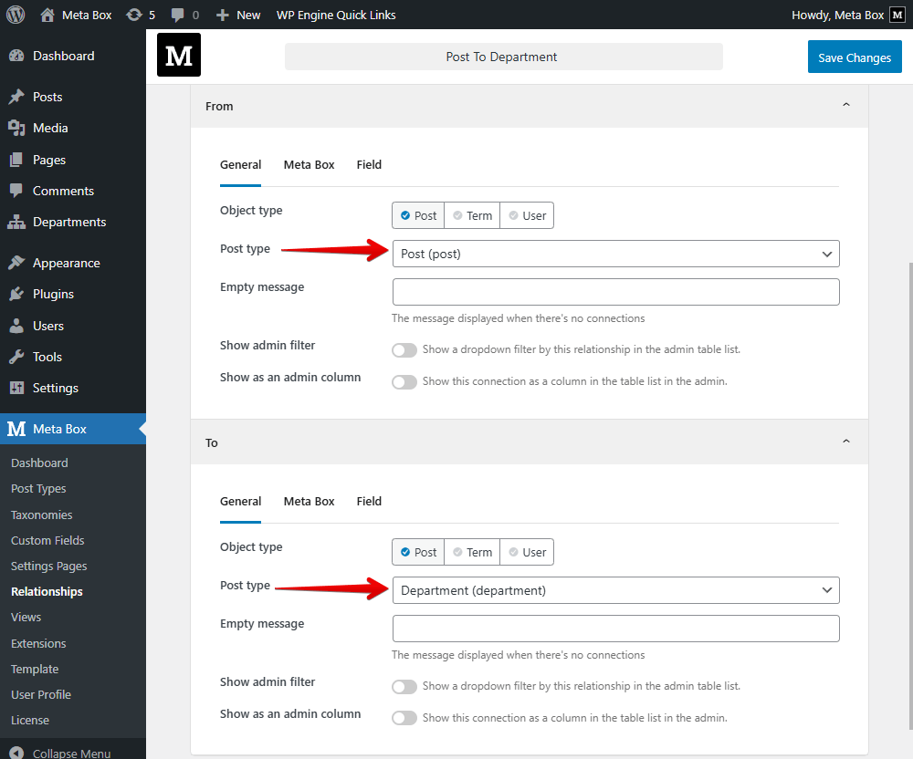 Set the Posts as default posts, and the rest will be department post type.