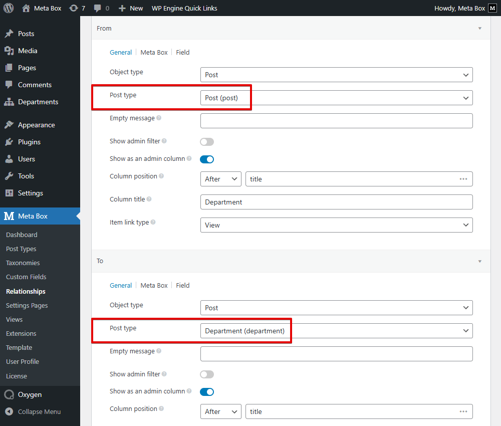 Set the Post type in the From section as one that we want to be in the relationship
