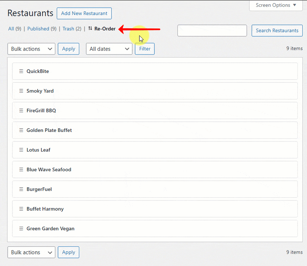 Click on the Re-Order tab to rearrange posts