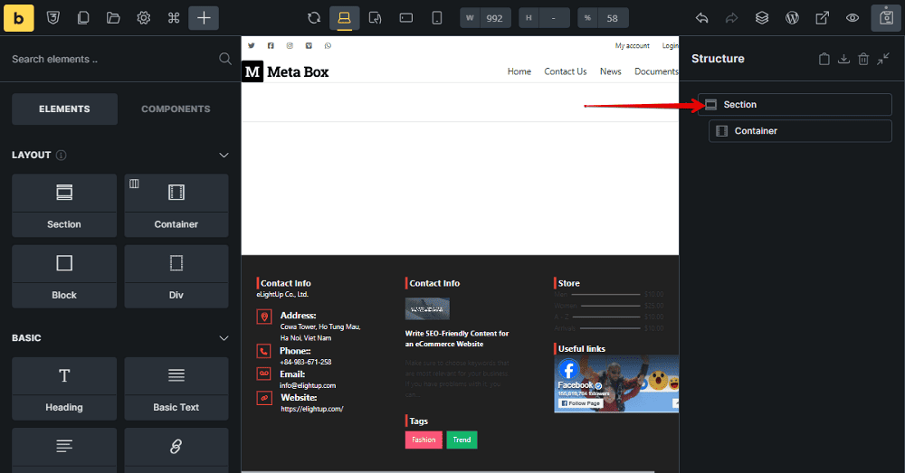 A Section element to cover all the page content