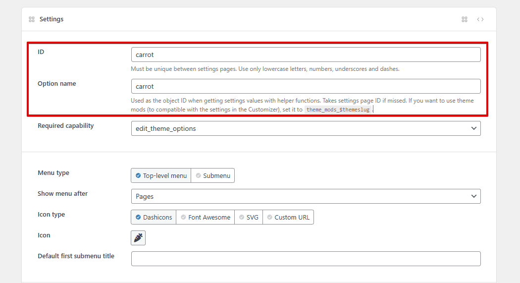 Changing settings page ID and option name
