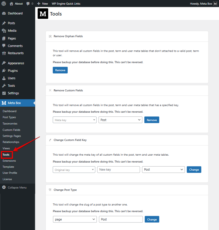 Meta Box's tools for cleaning up database