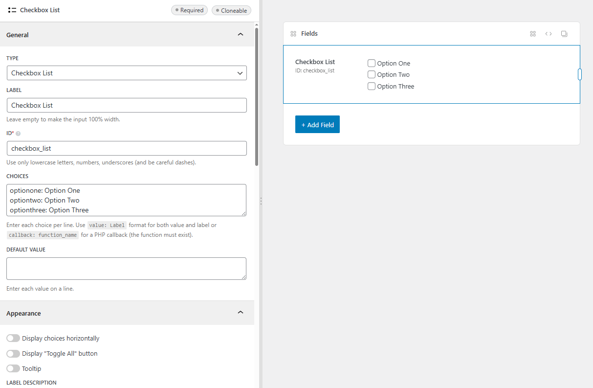 The checkbox list field settings