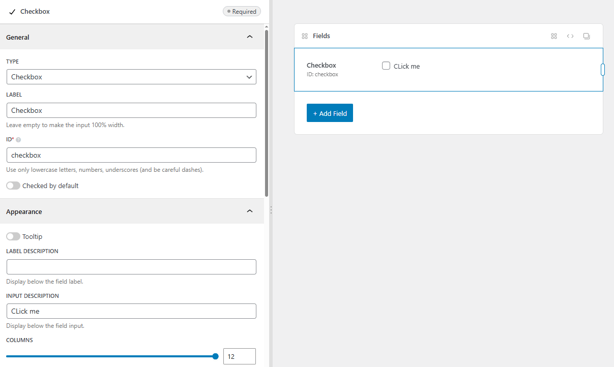 The checkbox field settings