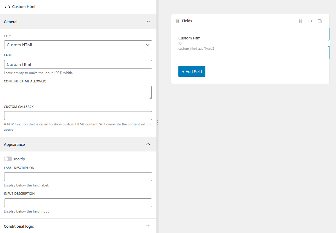 The custom html field settings