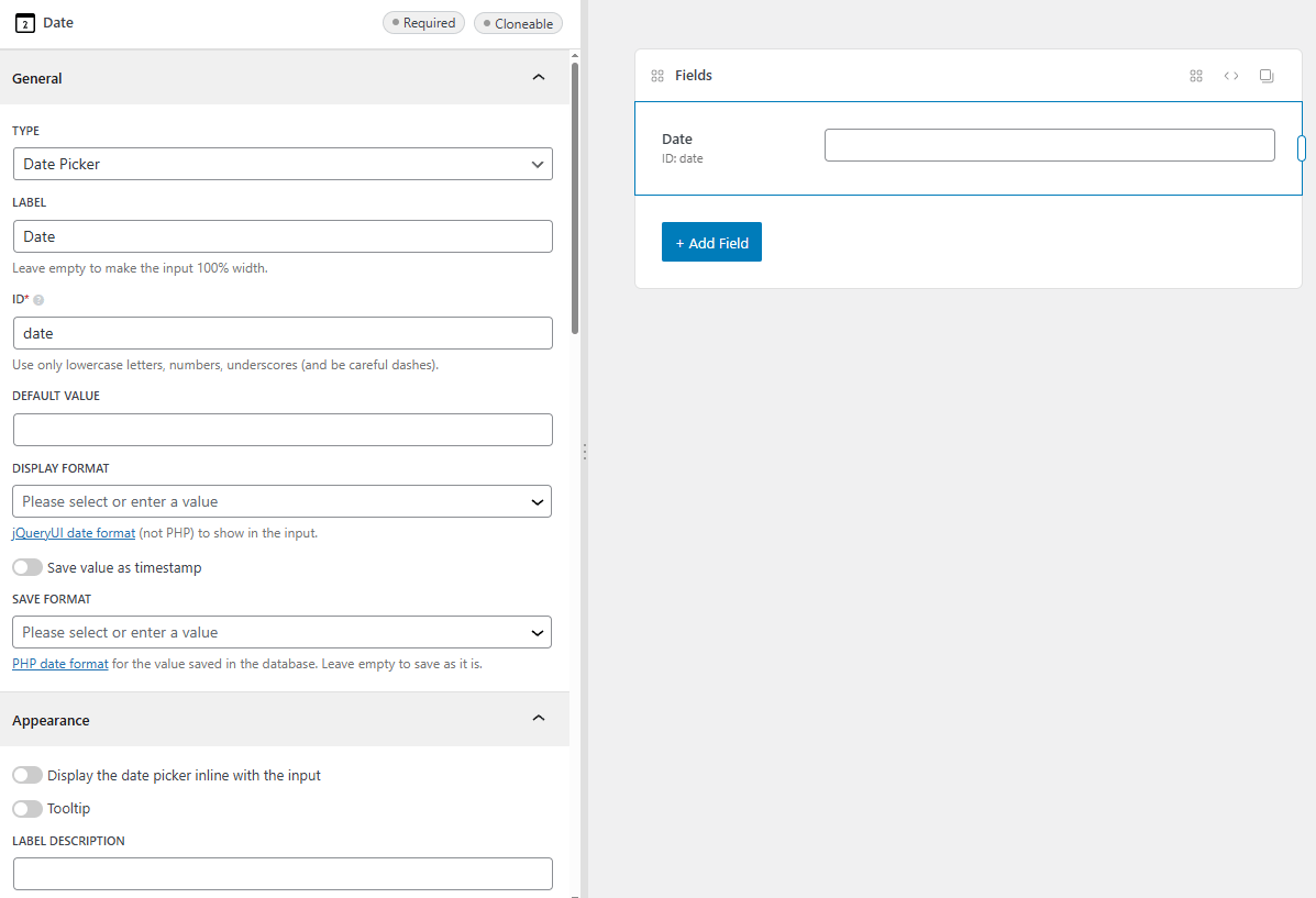 The date field settings