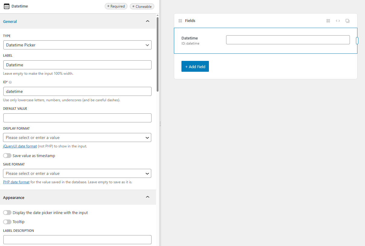 The datetime field settings