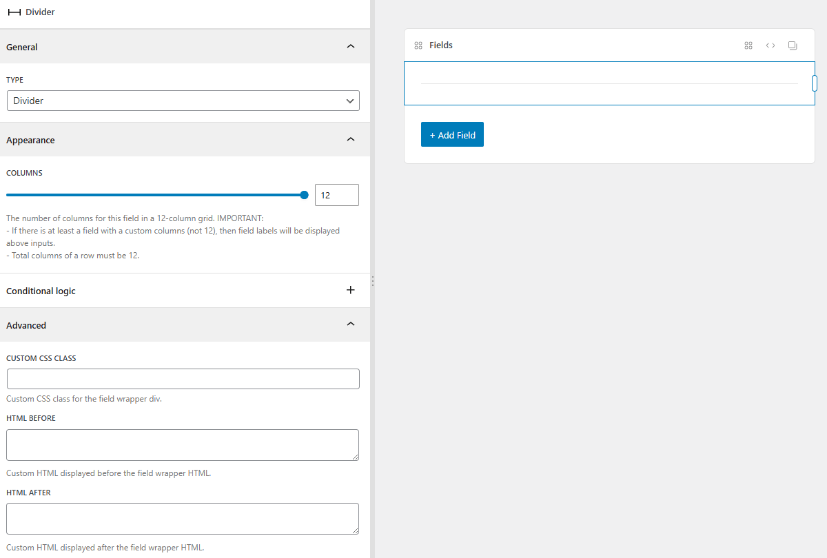 The divider field settings