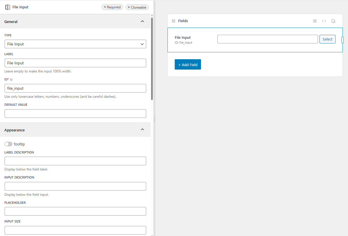 The file input field settings