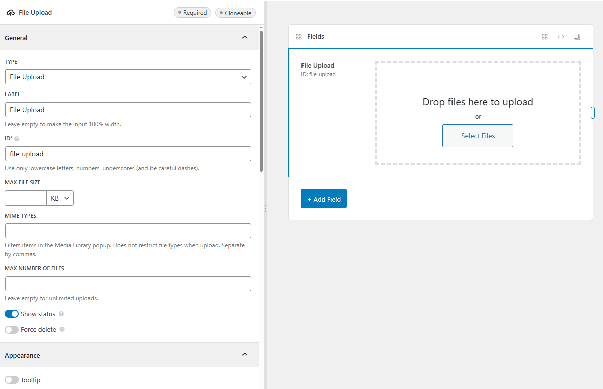 The file upload field settings