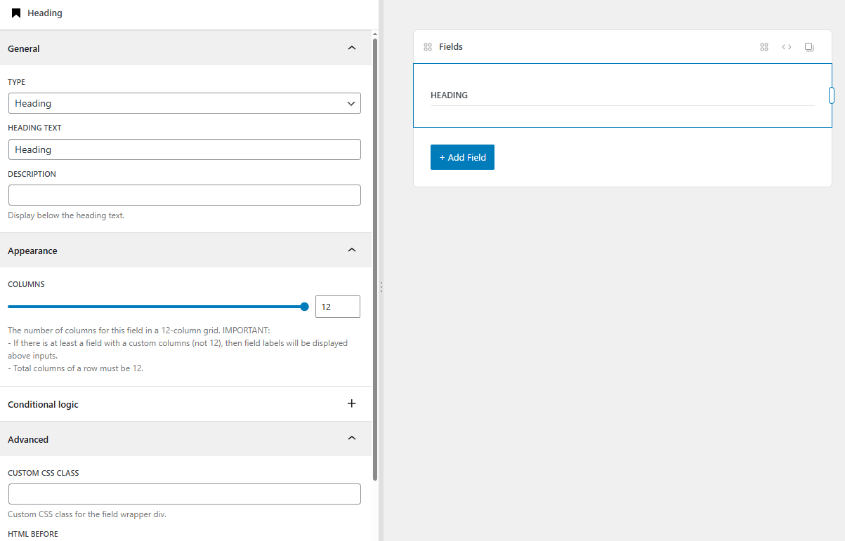 The heading field settings