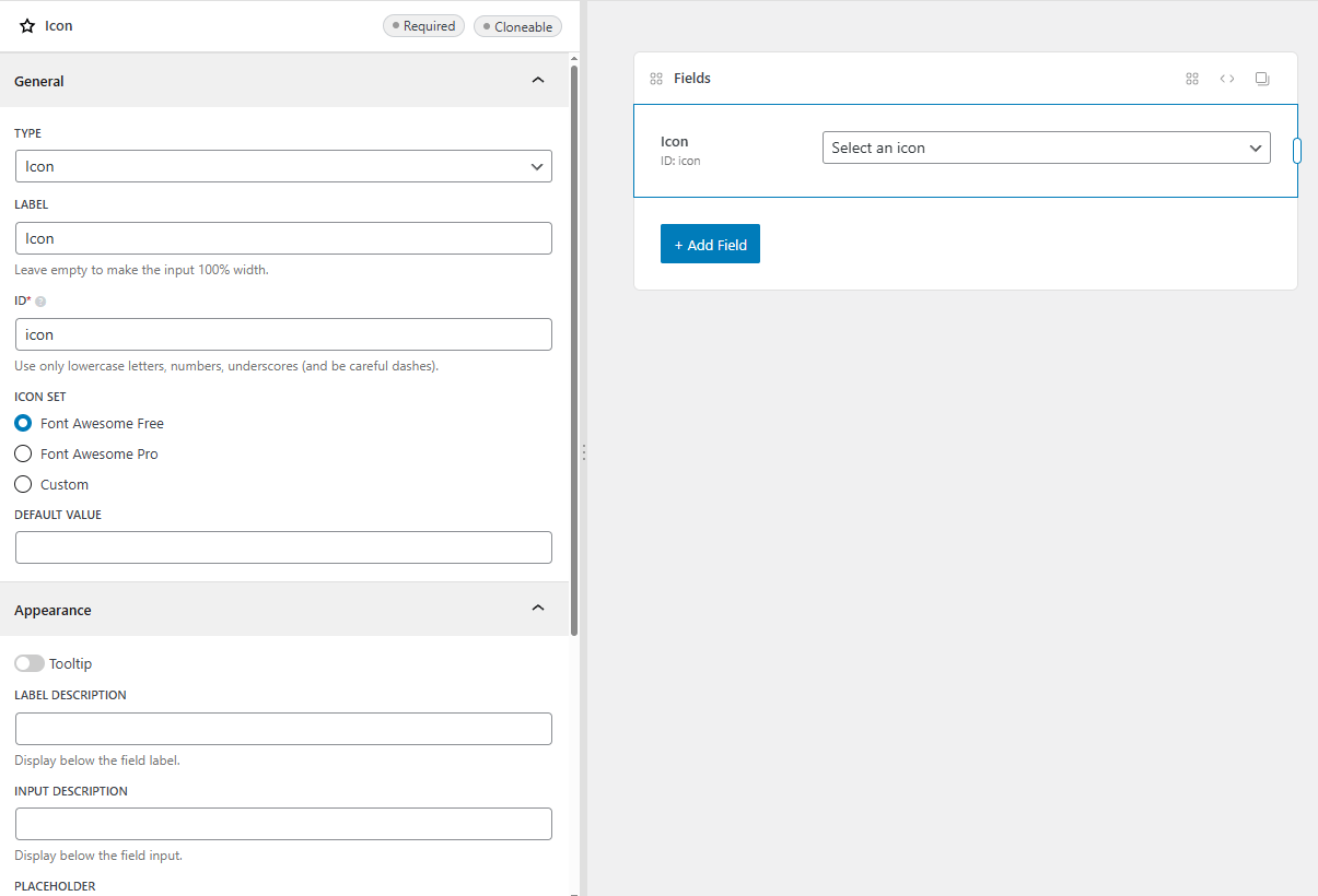 The icon field settings