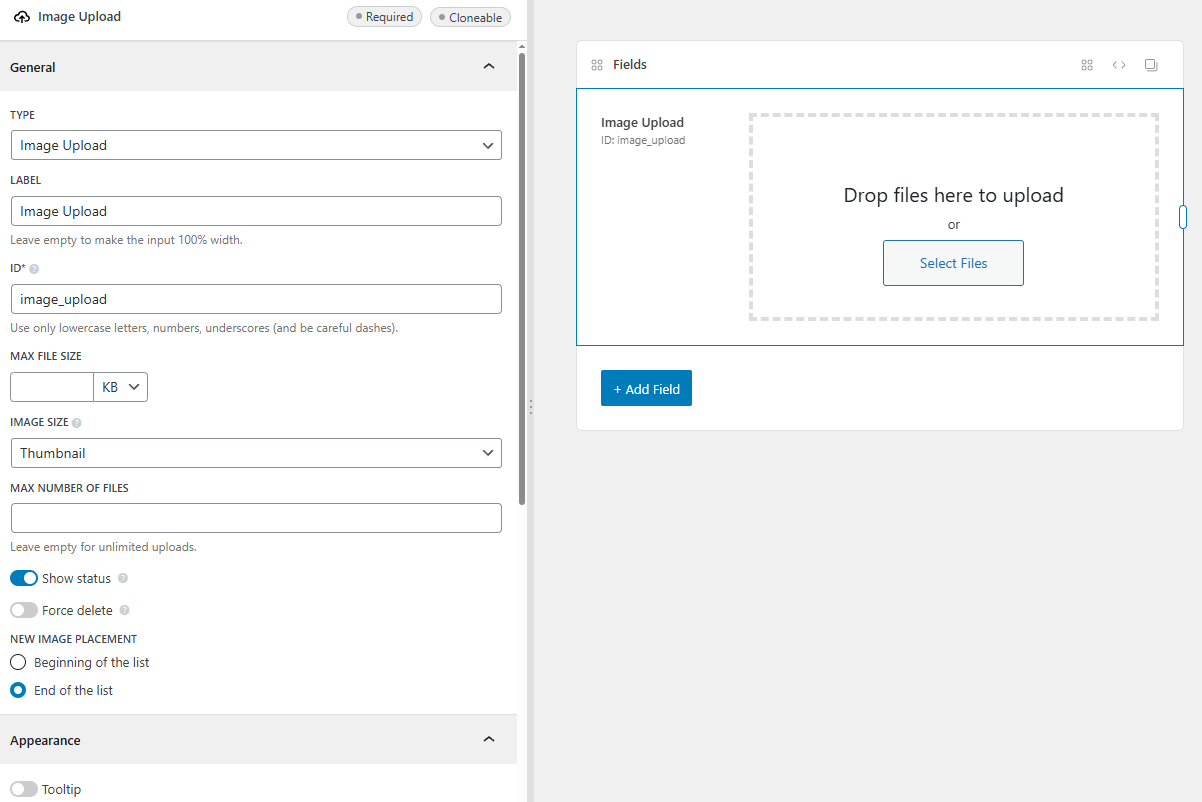 The image upload field settings