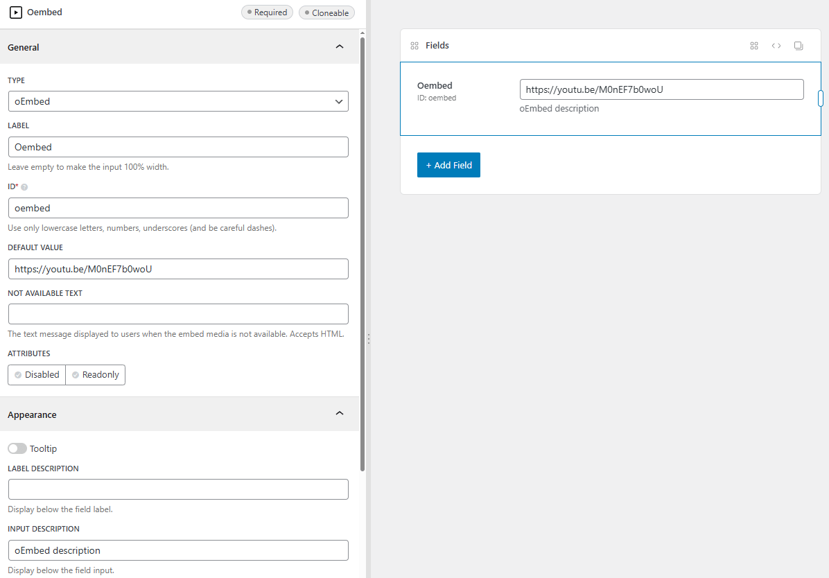 The oEmbed field settings