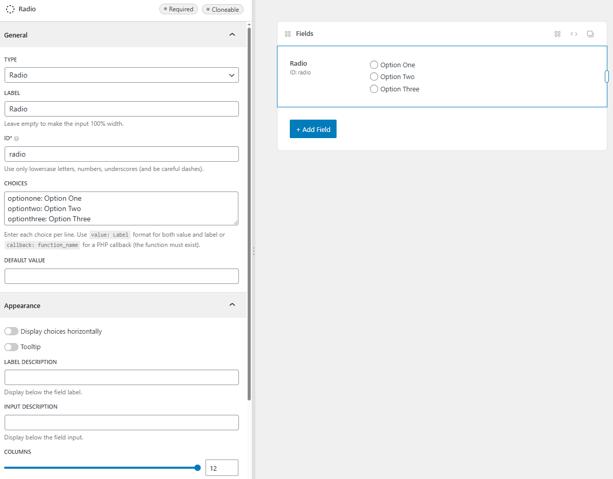 The radio field settings