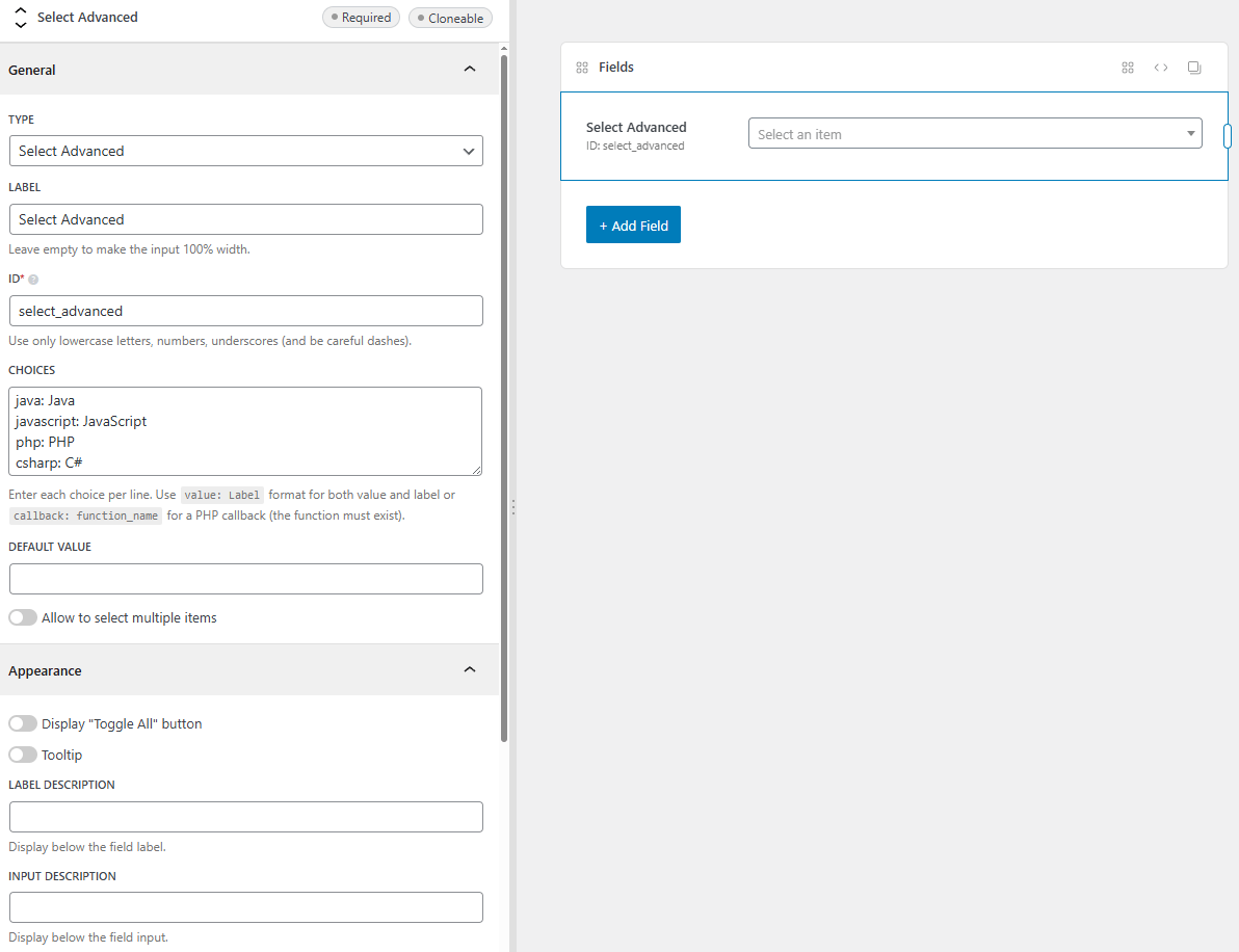 The select advanced field settings