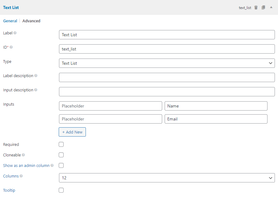 The text list field settings