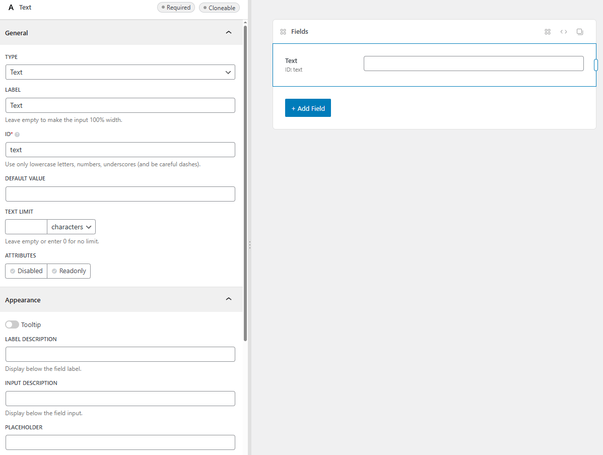 The text field settings