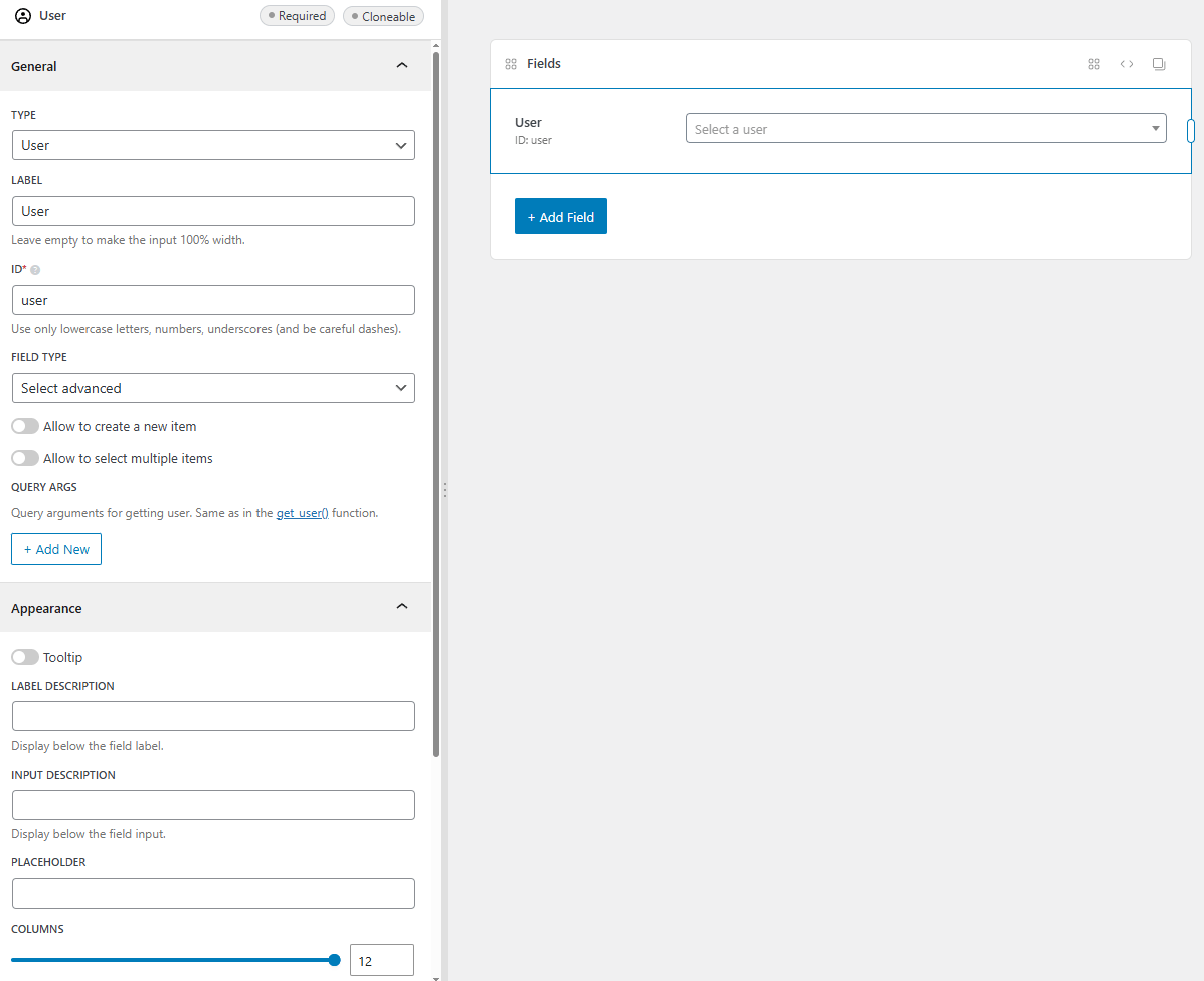 The user field settings