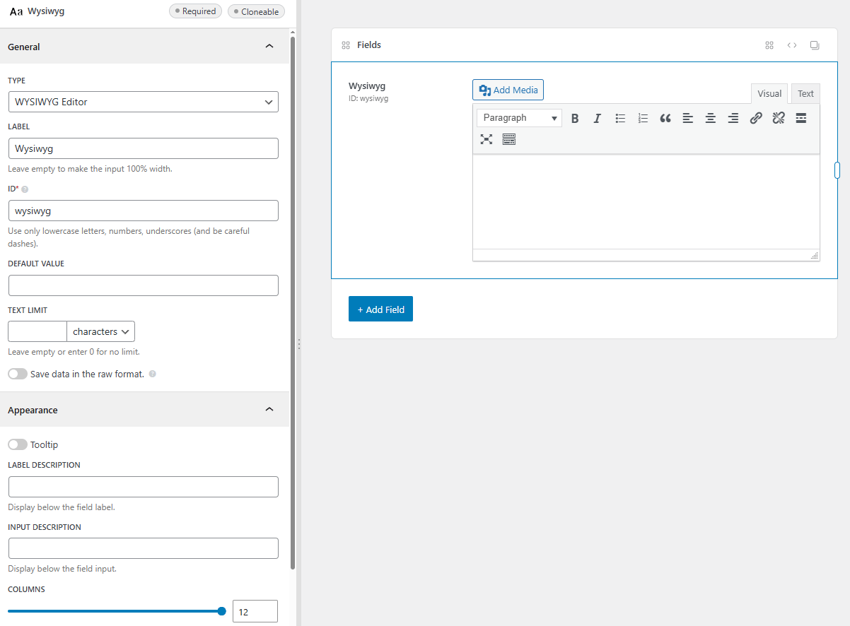 The wysiwyg field settings